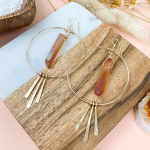 Circle Hoops with Quartz Crystal and Hammered Drops